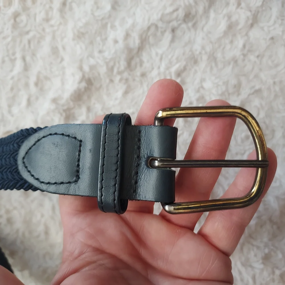 Men's Classic Casual Navy Woven Adjustable Stretch Belt Gold Buckle L 38-40